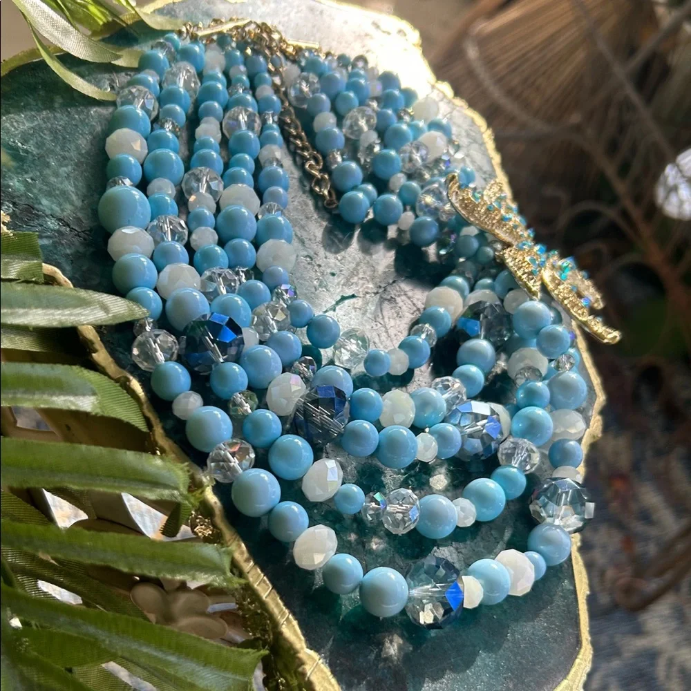 Vintage-Style Aqua Blue Multi-strand Beaded Starfish Necklace